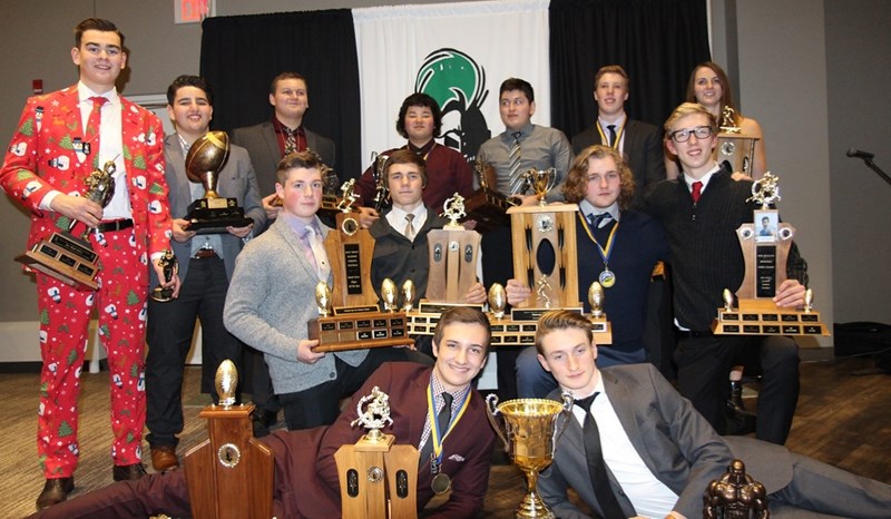 The award recipients at the Holy Trinity Academy Knights banquet on Dec. 7 were, back row, from left, John Buck, Jacob Kamajian, Spence Howson, Parker Nakamura, Miguel