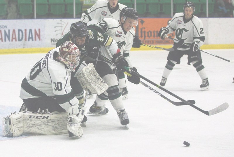 Okotoks Oiler Zach Huber goes to the net in the team&#8217; s 4-1 victory over the Sherwood Park Crusaders, Jan. 7 at the Pason Centennial Arena.