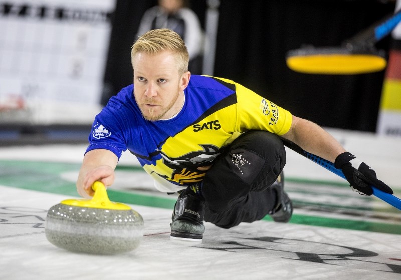 Niclas Edin of Sweden delivers a rock at the Grand Slam Masters on Oct. 26. The Okotoks Curling Club is considering hosting the Masters again after a successful event in 2016.