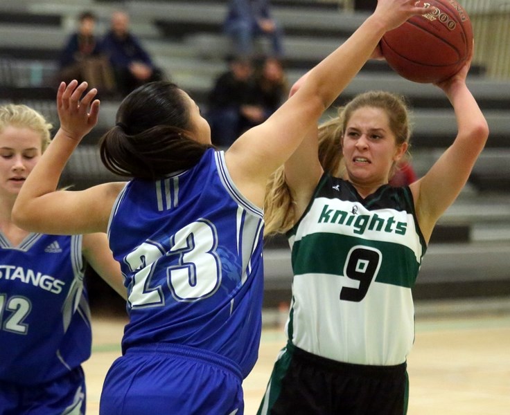 Holy Trinity Knight Shelby Dudar prepares to unleash a pass against the Highwood Mustangs on Feb. 8 at HTA.