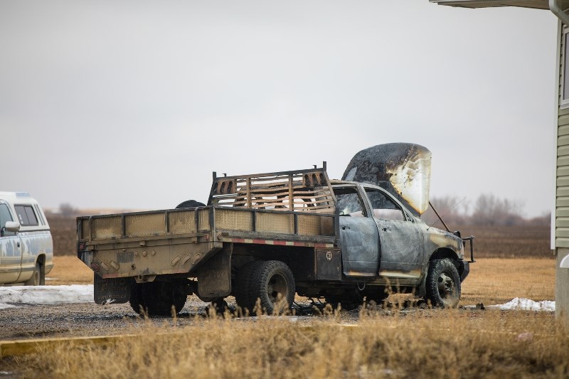 A burnt out truck sits on an acreage north of Blackie on Feb. 22. The truck which fled High River RCMP, is believed to be one stolen out of Nanton the day prior.