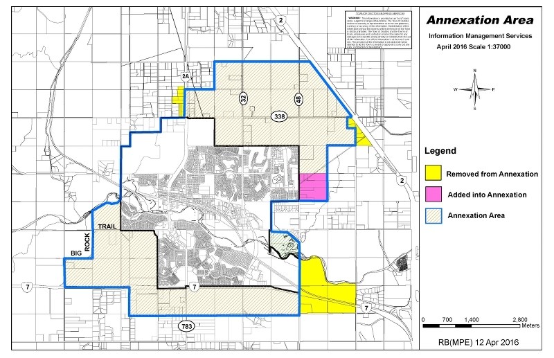 A map identifies the proposed annexation boundary between the Town of Okotoks and the MD of Foothills. The annexation has been signed off by the Municipal Government Board