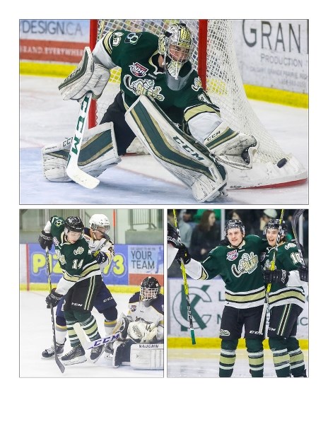 Clockwise from top: Okotoks Oilers goaltender Riley Morris was named the team&#8217; s Most Valuable Player at the annual awards banquet; defenceman Riley Mathies and forward 