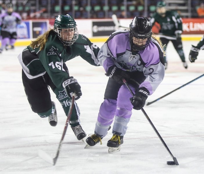 Captain Kennedy Brown, right, and the Rocky Mountain Raiders go for a provincial repeat as they host the Midget AAA Female championships from March 17-19.