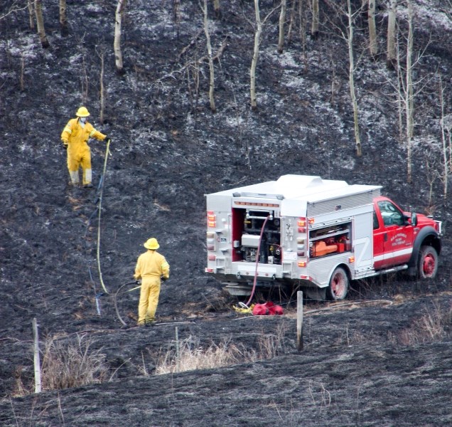 Firefighters put out hot spots at a grass fire near Highway 541 west of Longview on March 27.