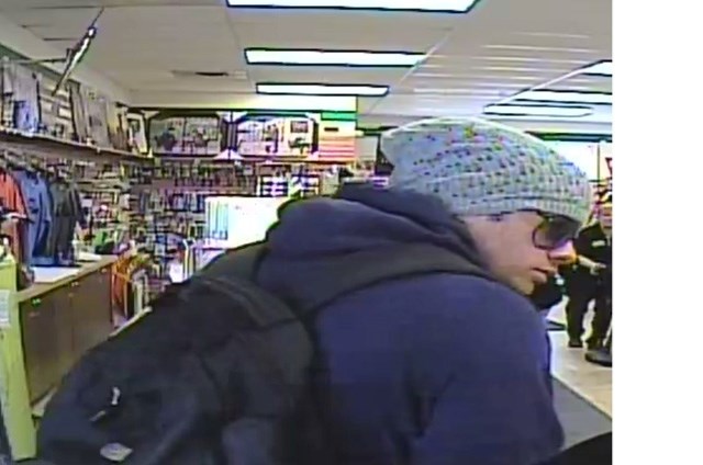 The Turner Valley RCMP are looking for the public&#8217;s assistance to find this man, who is suspected of robbing Sandul&#8217;s Pharmacy in Black Diamond on March 30.