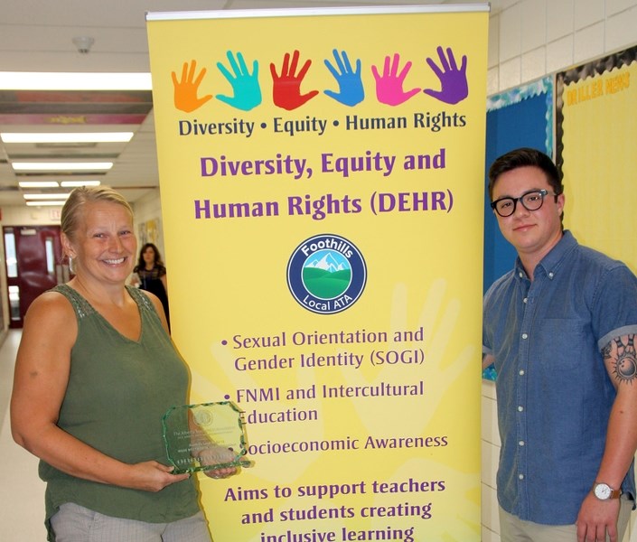 Paulette Morck, Highwood High School guidance counsellor and Jamie Anderson, a Westmount School teacher, accepted the ATA&#8217; s Diversity Equity Human Rights Award.