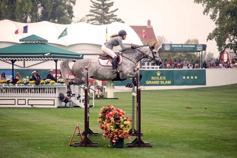 DeWinton&#8217;s Tayah Sobie and Brise CR clear the 1.40 m en route to winning the Philips, Hager &#038; North Cup at the Spruce Meadows Masters on Sept. 8.