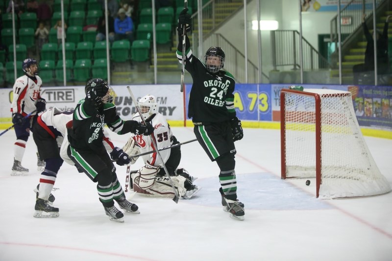 Okotoks Bow Mark Oilers captain Joel Krahenbil celebrates the first goal in franchise history late in the second period in the 4-1 win over Lethbridge, Sept. 30 at Pason
