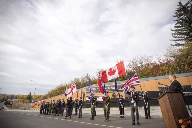A Colour Party enters the Veterans Way memorial dedication ceremony on Sept. 30.