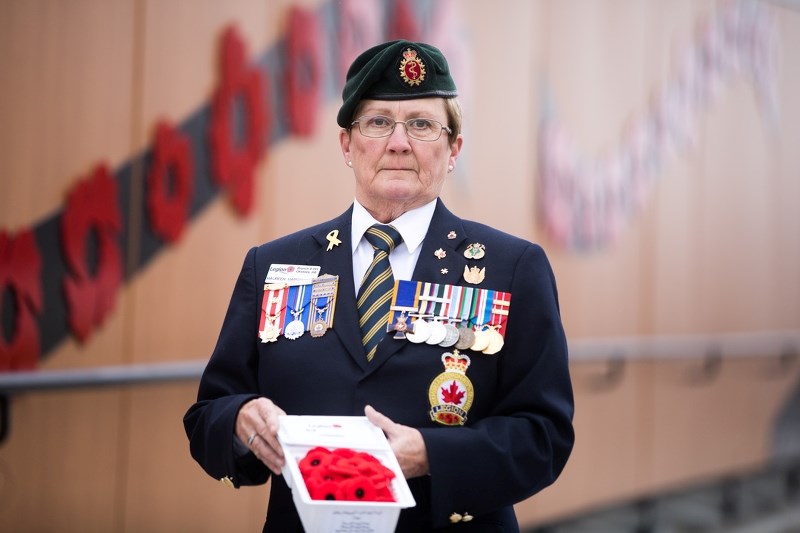 Maureen Haberstock, poppy campaign chair for the Okotoks Legion on Oct. 13. The campaign begins on Oct. 27 with more than 300 poppy boxes around town.