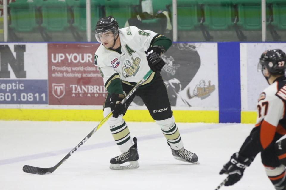 Okotoks Oilers defenceman Carson Beers patrols the blueline during the Nov. 4 game versus Drumheller. Beers set the new Oilers record by playing in his 183rd game with the