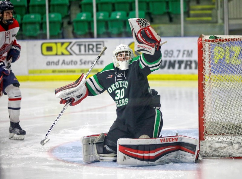 Okotoks Bow Mark Oilers goaltender Hunter Young made 56 saves in the team&#8217; s 2-1 victory on Nov. 4.