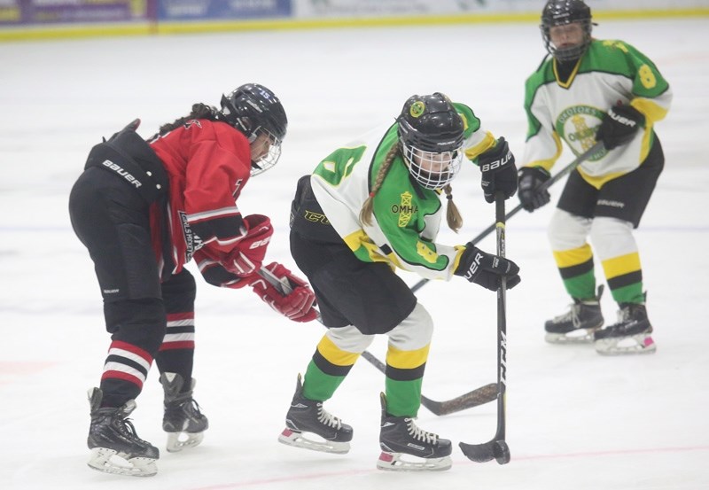 Okotoks Oiler Kaci McInenly controls a bouncing puck during the Peewee A gold medal game of the Okotoks Female Classic, Nov. 12 at Pason Centennial Arena. The Oilers won by a 