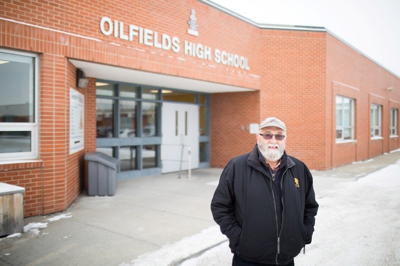 Leslie Miller is part of a group of seniors with the Hall Walkers program who venture indoors at the Oilfields High School to get some exercise when the temperature drops.