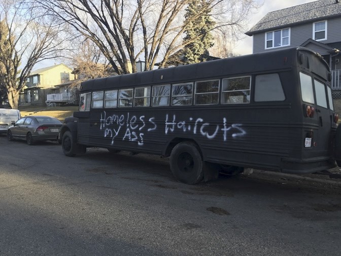 The Care Cuts bus was vandalized outside Misty Shingoose&#8217;s Deer Run-area home in Calgary by an angry neighbour she says has a racist agenda.