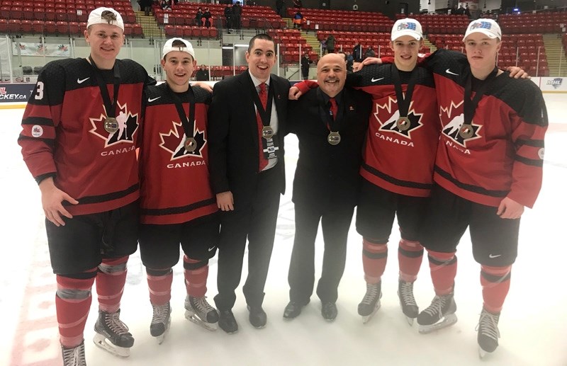 The Alberta Junior Hockey League contingent on Team Canada West included Okotoks Oilers Jacob Bernard-Docker, far right, and Dylan Holloway, second from right.