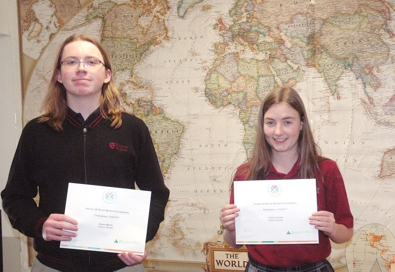 Martin Owen and Chloe Crump, Edison Grade 10 students, took first place in a unique investing education program beating out more than 2,000 teams from across western Canada.