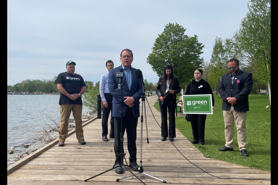Ontario Green Leader Mike Schreiner travelled to Couchiching Beach Park Wednesday morning to address the racist defacement of Simcoe North Green candidate Krystal Brooks's campaign signs.