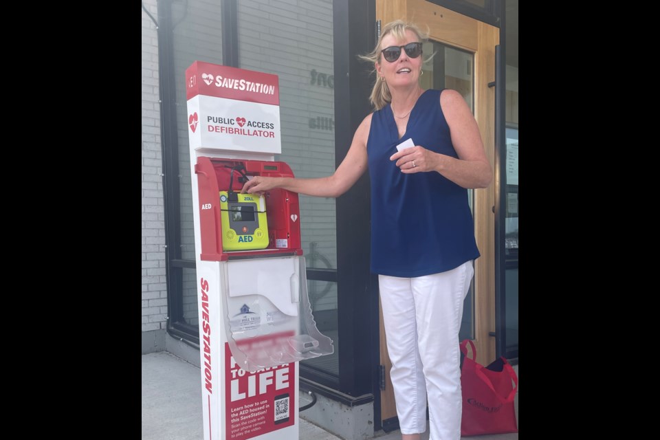 Action First Aid president Deb Hennig explains how to use the SaveStation, a new AED defibrillator set up at the Orillia Waterfront Centre.