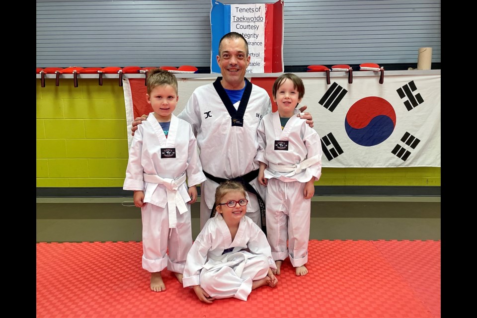 Mike Larose has been teaching taekwondo in Orillia since 2019, with small class sizes across all ages. Pictured is Larose with three of his “Tots” students.