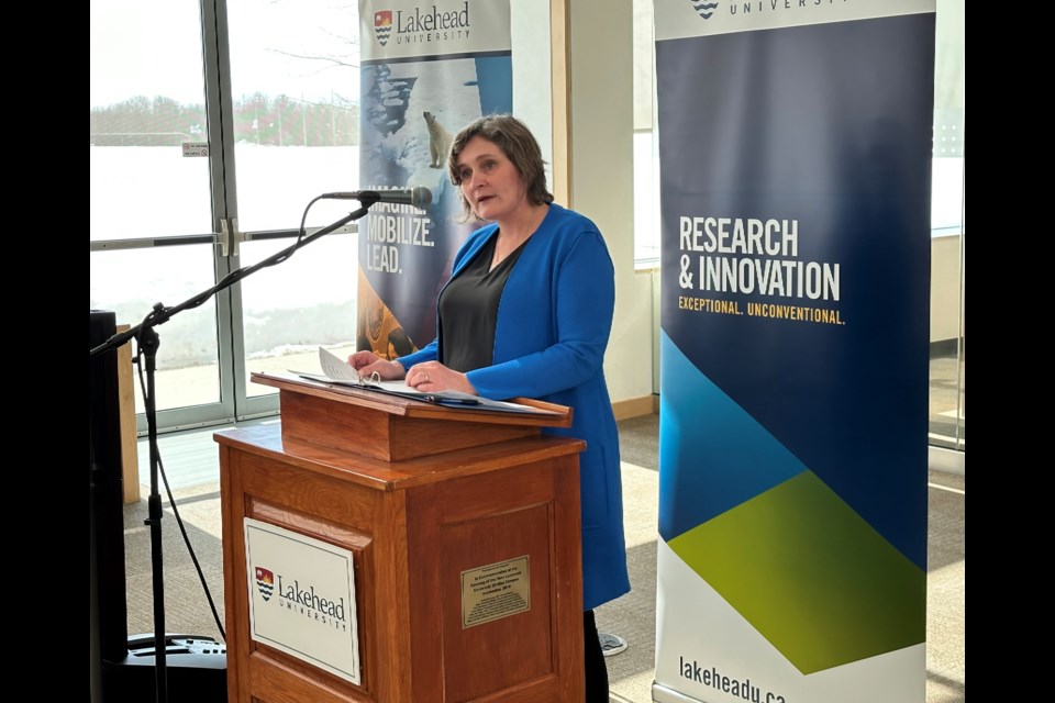Linda Rodenburg, interim principal of Lakehead University's Orillia campus, speaks Tuesday during the kick-off of Research and Innovation Week.