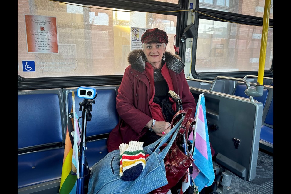 Ivy Beaton has numerous ideas for improving city transit. She alleges she has experienced transphobia from an Orillia Transit driver and has begun travelling with a camera on her walker.