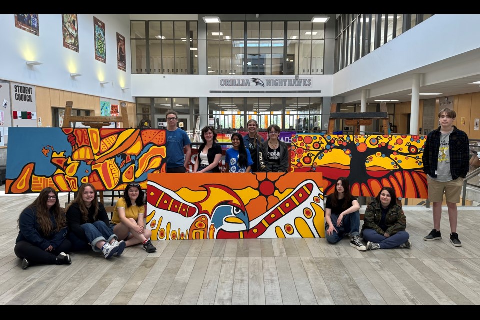 Over the past few months, about 20 Orillia Secondary School students from various grades have participated in the school’s new mural club, recently completing a triptych mural for the school atrium. 