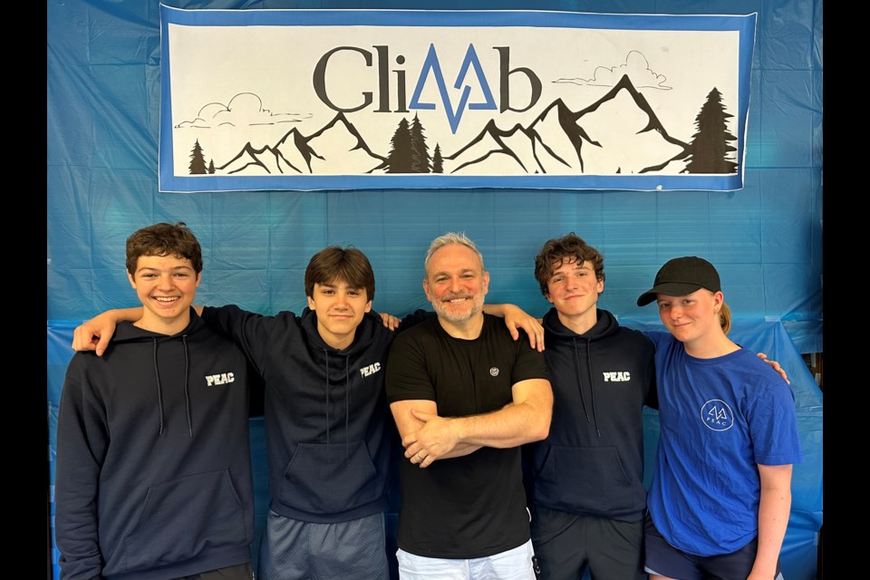 Dozens of students and local non-profit officials participated in Twin Lakes Secondary School’s CLIMB Day Thursday. Along with teacher Chris Lowery, centre, pictured, from left, are the PEAC leadership team’s Michael Grimaldi, Silas Bauman, Owen Bolger, and Molly Hazel. 