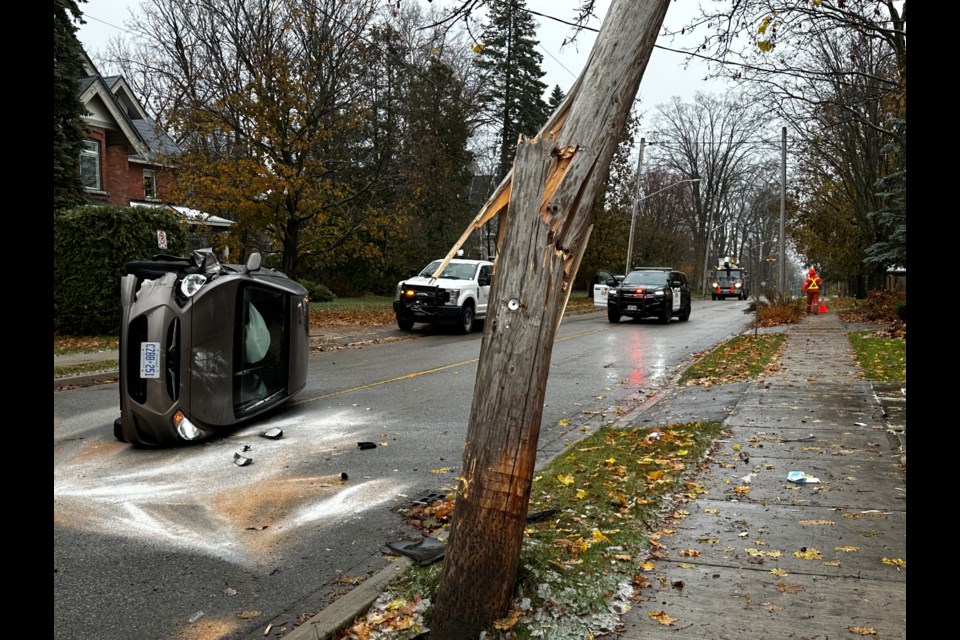 A vehicle struck and broke a hydro pole on Brant Street East on Thursday morning.