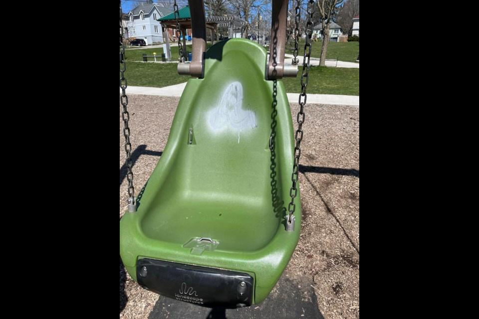 A variety of profane graffiti tags were discovered in Victoria Park on Coldwater Road on April 22.