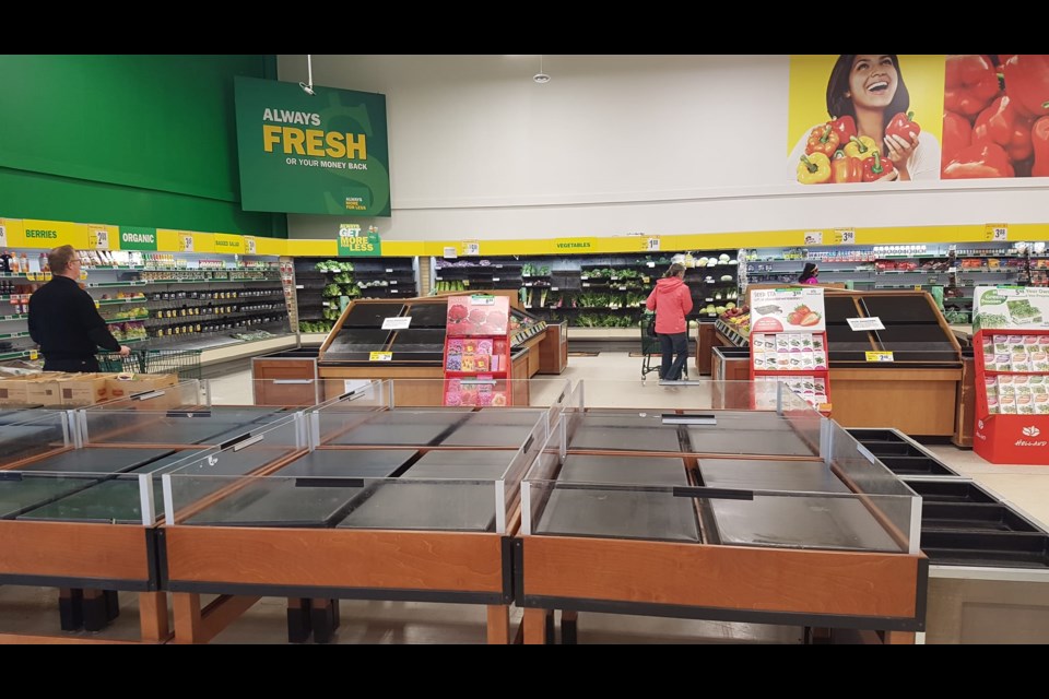 The produce section at Orillia's Food Basics is virtually empty.
