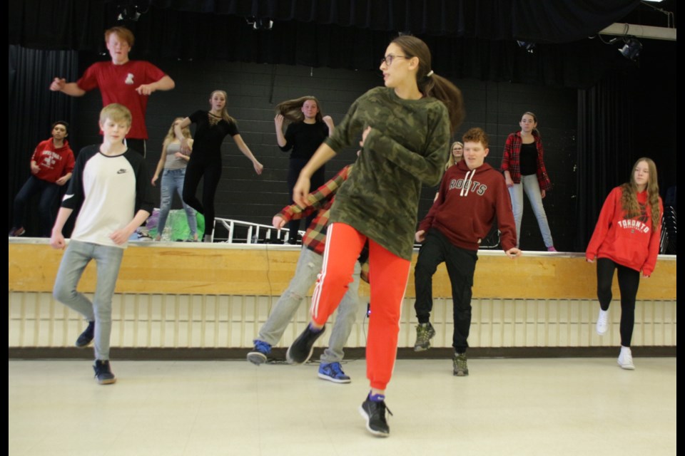 Contemporary and street dancer and choreographer, Emily Law, (front) leads a workshop Wednesday at Twin Lakes Secondary School, as part of the Artist in Residence programming being brought to the area by the Huronia Cultural Campus.