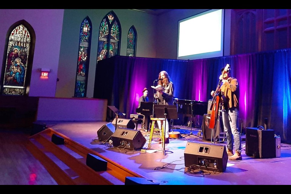 Tom Wilson, Thompson Wilson and Jesse O’Brien perform at Gathering: Festival of First Nations Stories, at St. Paul’s Centre Friday night.