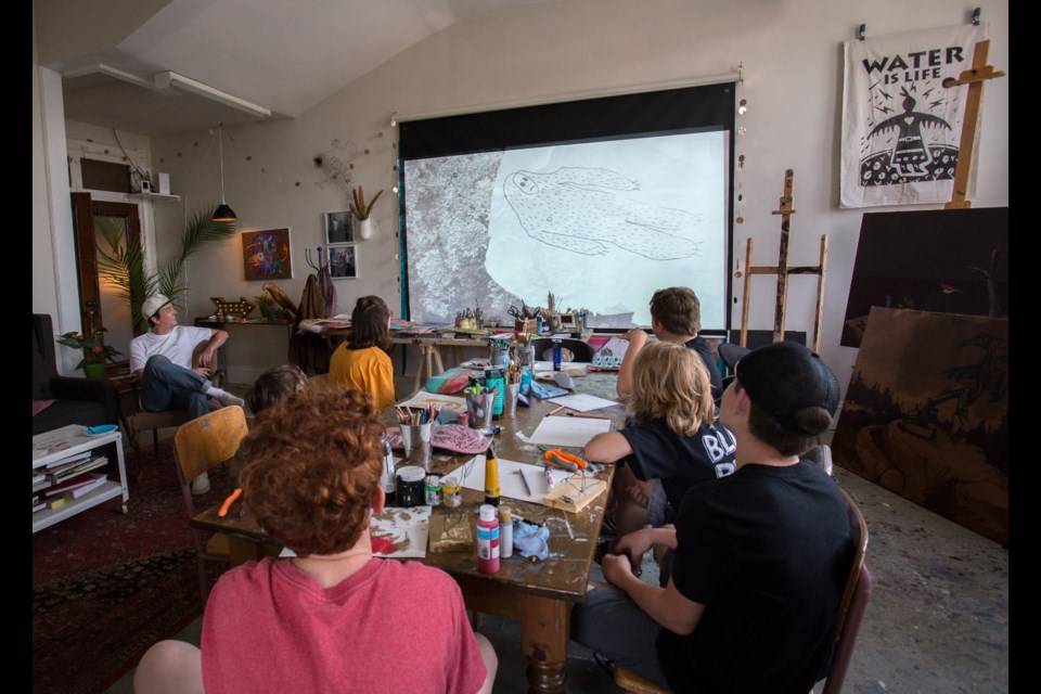 Skate deck paint workshop with BONES featuring the projector and screen purchased through the CDC's Community Capacity Building Fund grant.