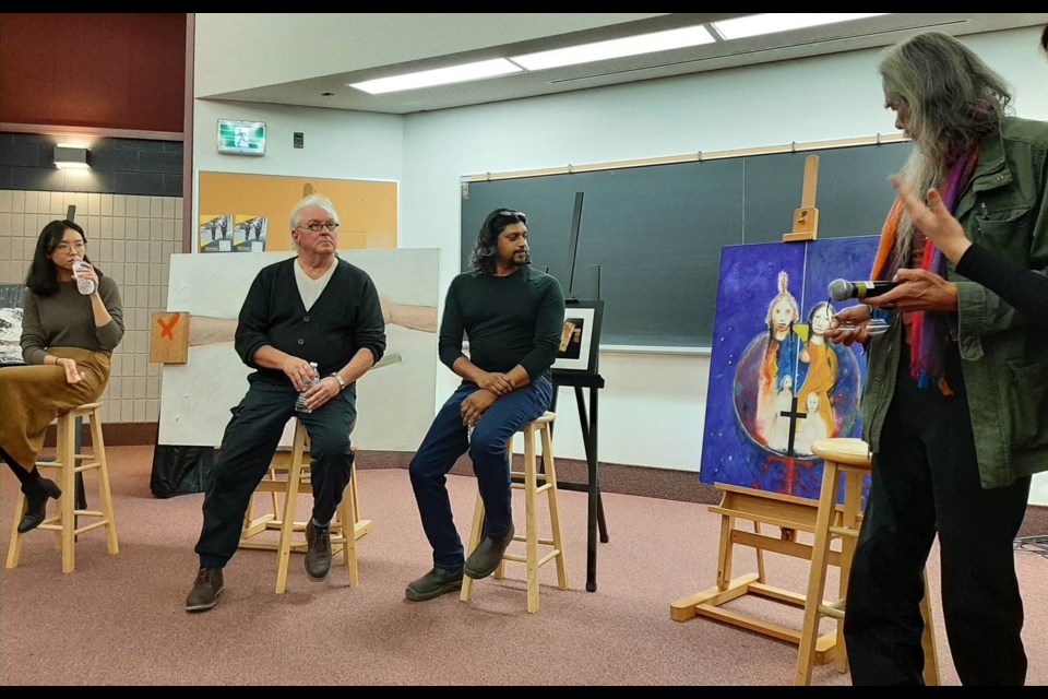 From left: Artists Julie Tian, Ted Fullerton, Xavier Fernandes and Dazaunggee answer questions about their work on honesty in the series A Visual Reconciliation. The second of the seven-part series was held at the Orillia campus of Georgian College on Wednesday night.
