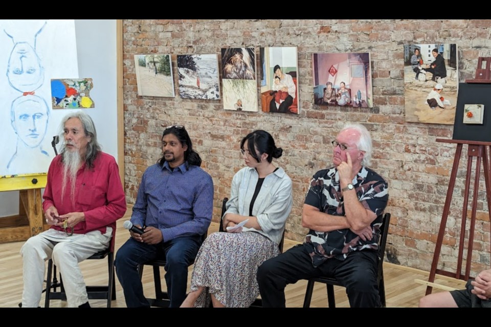 The four artists who have been part of a 10-month Seven Grandfathers Teachings artistic interpretations presented their final work, focused on wisdom, on Saturday at Creative Nomad Studios. From left: Paul Shilling, Xavier Fernandes, Julie Tian and Ted Fullerton.  