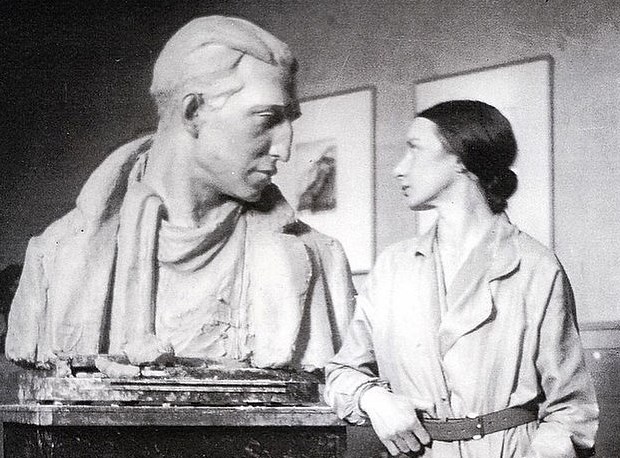 Elizabeth Wyn Wood is shown with one of her sculptures.