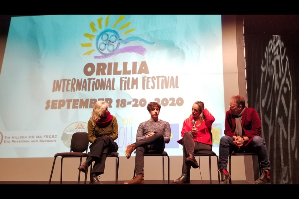 From left: Mag Ruffman, Jake Horowitz, Jane Loughman and David Hewlett discuss the film, Who You Know, following its screening Wednesday at the Orillia Opera House. The film was shot in Orillia last summer.