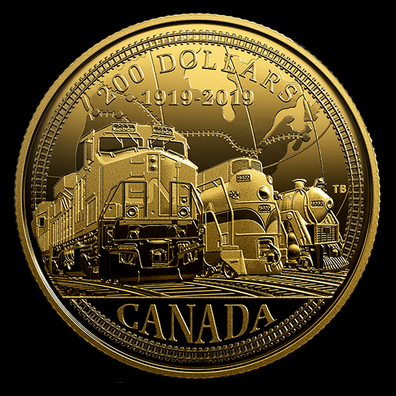 Designed by Tony Bianco, this coin celebrates the 100th anniversary of CN Rail.