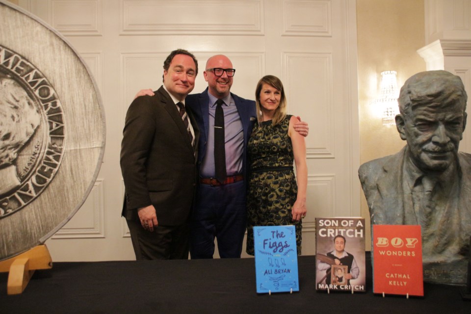 This is the trio shortlisted for the 2019 Stephen Leacock Medal for Humour. From left, Mark Critch, Cathal Kelly, and Ali Bryan. Kelly was this year's victor but the Leacock Associates are the big winner thanks to a new endowment fund. Mehreen Shahid/OrilliaMatters