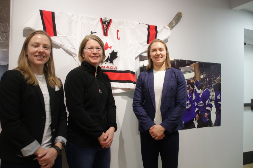 Big names in women’s hockey were front and centre at the opening of the exhibit She Shoots…She Scores Saturday at the Orillia Museum of Art and History. From left, Liz Knox, board member, Professional Women’s Hockey Players Association and former Markham Thunder player, Nathalie Rivard, former Team Canada player, and Brianne Jenner, current Team Canada and Calgary Inferno player. Mehreen Shahid/OrilliaMatters