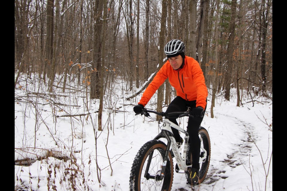 Get out suggestion #2 – Keep on biking. Local cyclist Adam Hill bikes year ‘round and especially enjoys the experience of cycling on snowy terrain with a fat-tire bike. Kathy Hunt/OrilliaMatters