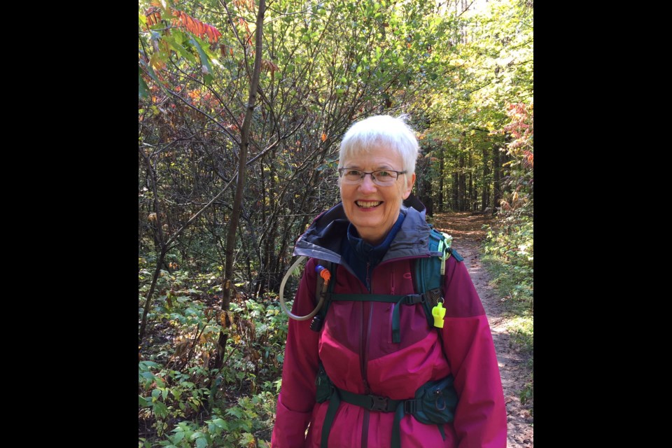 Carol Strickland, hike leader and president of the Ganaraska Hiking Trail – Orillia Club, finishes a 2-hour hiking loop in the Copeland Forest – and she doesn’t even look tired! Kathy Hunt/OrilliaMatters