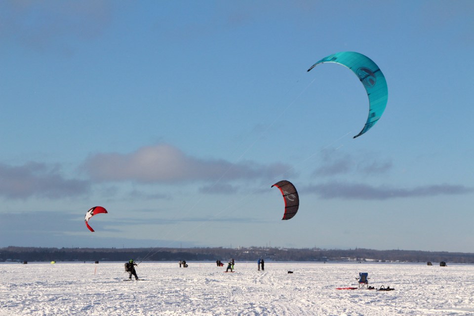 With the right conditions, Lake Couchiching is a favourite location for snowkiting enthusiasts.