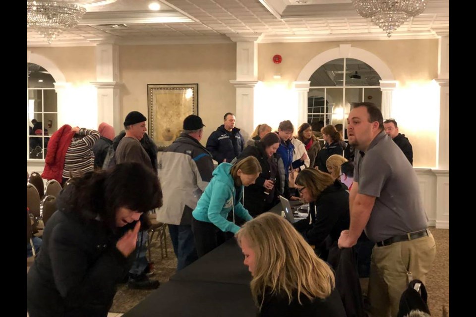 Corey Dalton, president of Unifor Local 1090, right, talks to Casino Rama union members at one of seven meetings held Saturday. Members voted 95 per cent in favour of a strike if negotiations fail. Contributed photo