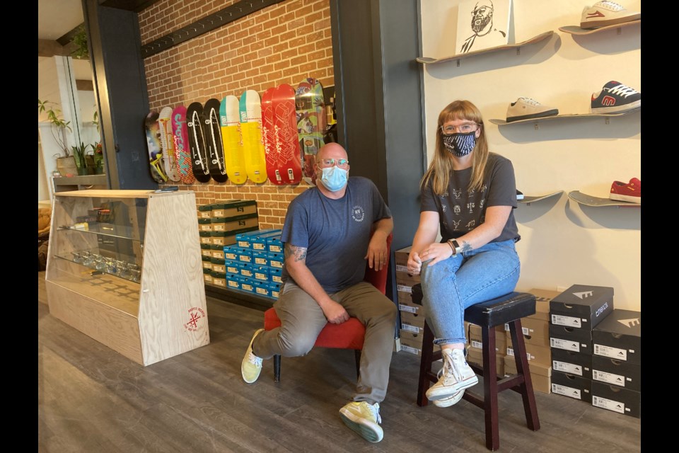 Mark Watson and Grace Schofield have both worked around downtown Orillia for years. Their new shop, Pocket Skate and Vintage, hopes to become a local skateboarding hotspot. Sam Gillett/OrilliaMatters