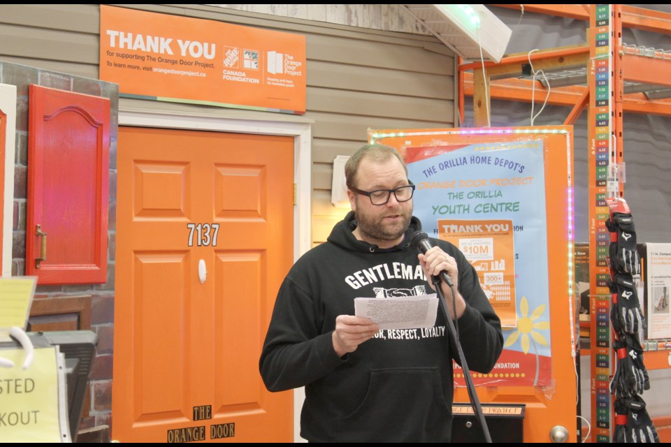 Orillia Youth Centre director Kevin Gangloff thanks supporters during an event Wednesday at Home Depot. Nathan Taylor/OrilliaMatters