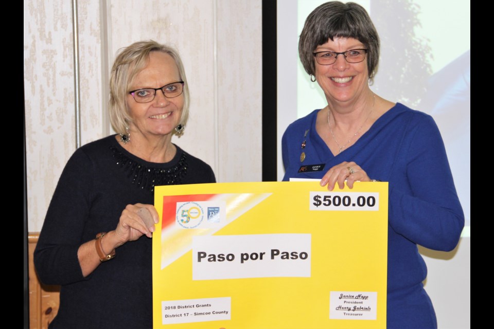 Janice Napp, president of District 17 of the Retired Teachers of Ontario, recently presented Doris Middleton, left, of Paso Por Paso with a cheque to help their efforts in Guatemala.