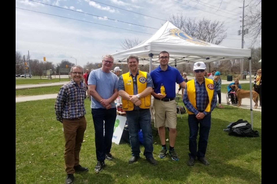 The Orillia Lions Club hosted its inaugural Walk, Run or Wheel for Youth Education Sunday at Tudhope Park.  On hand were, from left, Simcoe North MP Bruce Stanton, Orillia Mayor Steve Clarke, Kiwanian Jamie Mask, Coun. Mason Ainsworth and Kiwanian Philip Trilsbeck.
Contributed photo